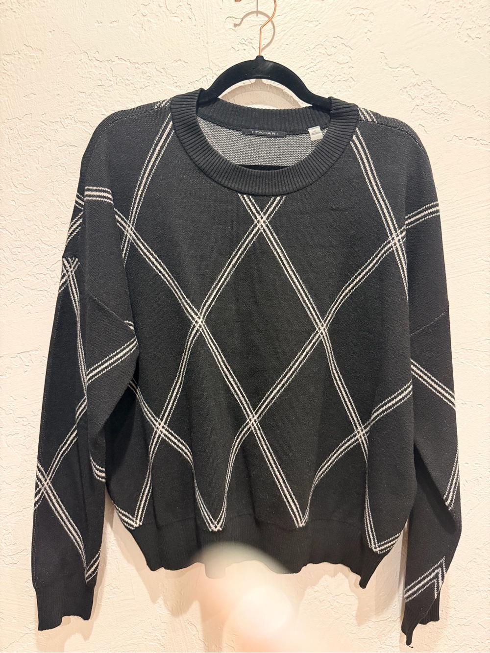 T Tahari Black Crewneck Sweater with White Argyle